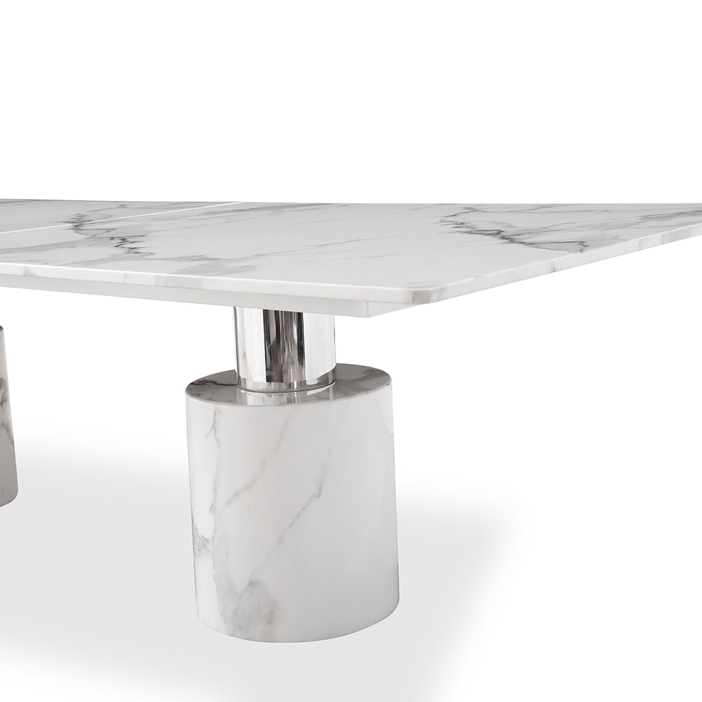 White Marble Table, Rectangular, White Marble Glossy Top, Steel Legs Brand: Whiteline Modern Living Size: 120inW x 48inD x 30inH; Weight: 982lb; Shape: Rectangular Material: Top: White Marble; Base: Marble with Polished Stainless Steel Legs Seating Capacity: Seats 6-8 people; Color: White, DT1640-WHT