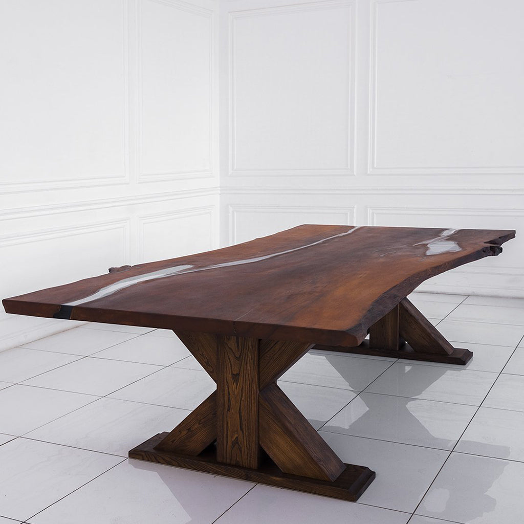 Mars Pear Tree Wood With Polymer Resin Live Edge Trestle Table, MHM010 Brand: Maxima House, Size: 110inW x  55inD x  29.5inH, Weight: 498lb, Shape: Rectangular, Live Edge, Material: Solid Pear Tree Wood filled with Polymer Resin, Seating Capacity: Seats 8-10 people, Color: Natural Wood Color