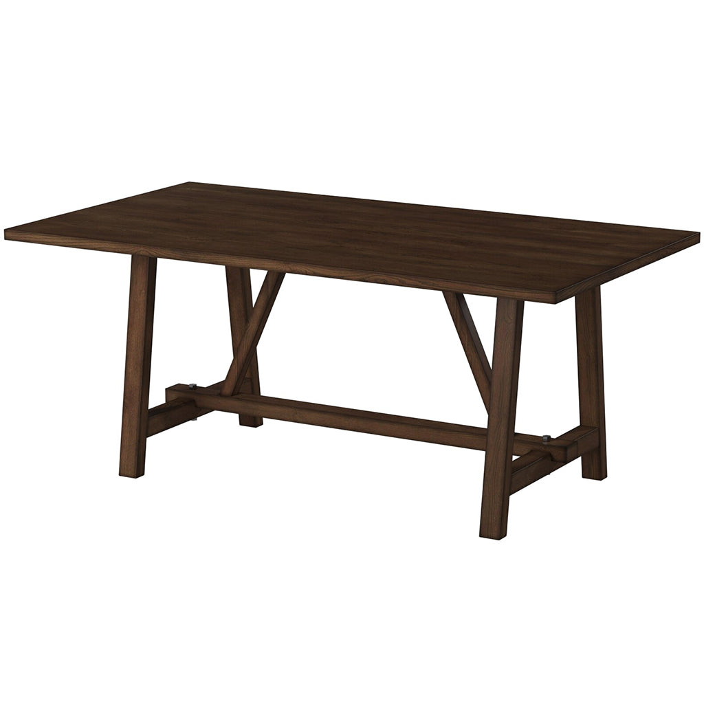 Arenda Farmhouse Dining Table, Trestle Style Table For 6, Rectangular, Rubberwood, Oak Veneer, 5672-01; Brand: Alpine Furniture; Size: 72inW x 40inD x 30inH Weight: 128lb; Shape: Rectangular; Material: Rubberwood Solids & Oak Veneer Seating Capacity: Seats 4-6 people; Color: Burnished Dark Oak