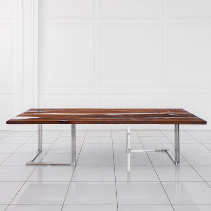 Lesnoy | Polymer Resin Hand Made Dining Table, Rectangular, Pear Tree Wood, Stainless Steel Legs, MHM012, Brand: Maxima House, Size: 116.5inW x  49inD x  29.5inH, Weight: 450lb, Shape: Rectangular, Material: Top: Solid Pear Tree Wood filled with Polymer Resin Legs: Stainless Steel, Seating Capacity: Seats 8-10 people, Color: Natural Wood Color