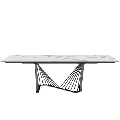 Roma | Black And White Extendable Dining Тable, Rectangular, Glass And Ceramic Top, Metal Base, DT1633E-WHT Brand: Whiteline Modern Living Size: 71inW x 35inD x 30inH, Extended: 102inW x 35inD x 30inH Weight: 225lb, Shape: Rectangular Material:  Top: Glass & White Ceramic, Base: Black Powder quoted metal base Seating Capacity: Seats 6-8 people, Color: White Top, Black Base