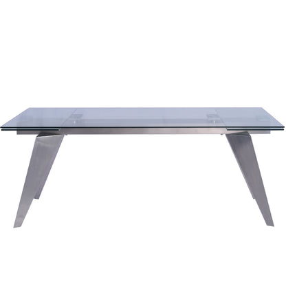 Solid Glass Table, Rectangular, Tempered Glass Top, Stainless Steel Mechanism, Stainless Steel Legs, DT1427 Brand: Whiteline Modern Living; Size: 79inW x 40inD x 31inH Extended: 110inW x 40inD x 31inH; Weight: 301lb; Shape: Rectangular Material: Top: 1/2" Tempered Clear Glass;  Mechanism: Stainless Steel; Legs: Stainless Steel Seating Capacity: Seats 6-8 people; Color: Stainless Steel Color