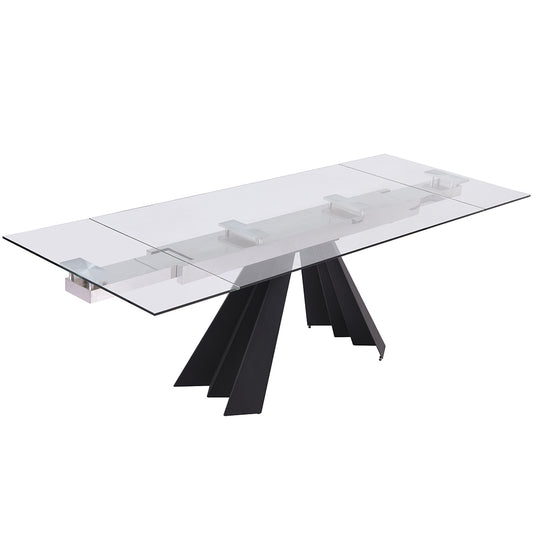 Chicago | Modern Extendable Glass Table For 8, Rectangular, Elegant, Tempered Clear Glass Top, Sanded Black Metal Legs, DT1717-BLK Size: 63inW x 35inD x 30inH; Extended: 95inW x 35inD x 30inH Weight: 211lb; Shape: Rectangular Seating Capacity: Seats 6-8 people; Color: Sanded Black Color