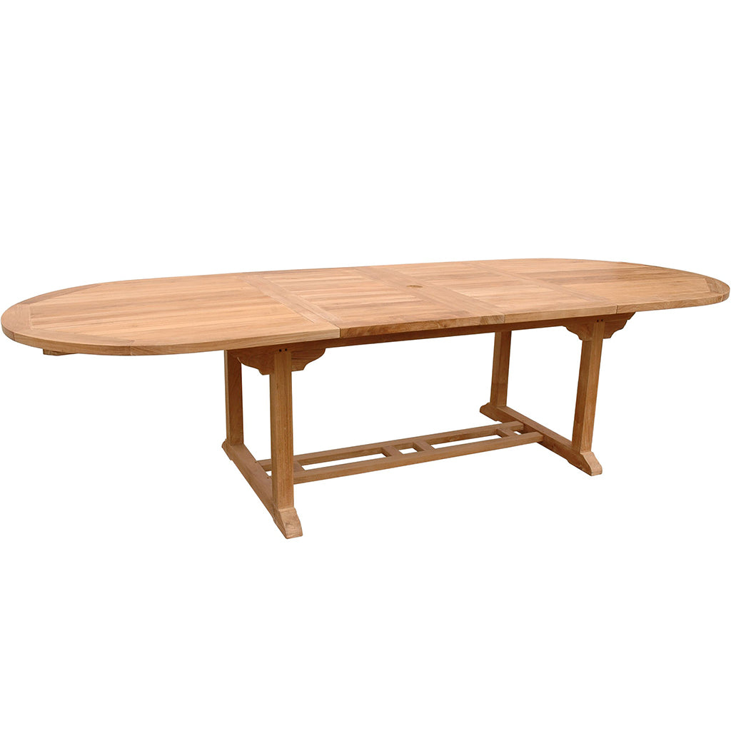 Extendable Dining Table Seats 10, Outdoor Table, TBX-117VD Brand: Anderson Teak; Size: 117inW x 43inD x 29inH Weight: 185lb; Shape: Oval; Material: Teak Wood Seating Capacity: Seats 10 people; Color: Neutral teak color; light wood