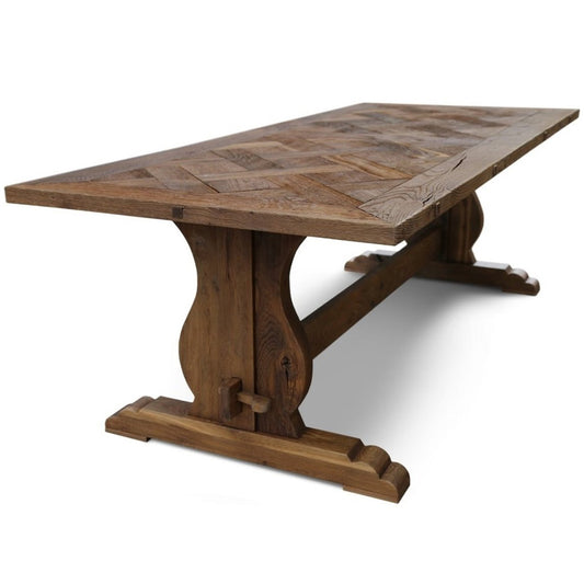 Bound- Vio | Handmade Trestle Table, Solid Oak Slabs 10 Seater, Rectangular, SCANDI082, Brand: Maxima House, Size: 110inW x  39inD x  29.5inH, Weight: 308lb, Shape: Rectangular, Material: Solid Oak Wood, Seating Capacity: Seats 8-10 people, Color: Natural Dark Wood