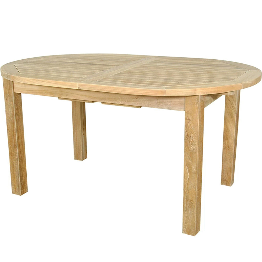 Bahama | 78" Extendable Teak Dining Table For Outdoor Use, Oval, TBX-079V Brand: Anderson Teak; Size: 78inW x 39inD x 29inH Weight: 140lb; Shape: Oval; Material: Teak Wood Seating Capacity: Seats 6-8 people; Color: Neutral teak color; light wood