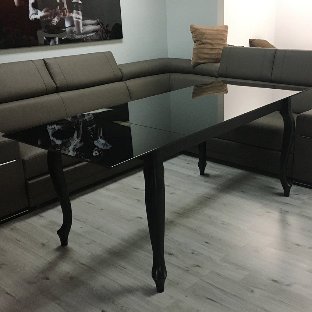 Retro | Black 6 Seater Extendable Dining Table, Gloss Finish, Rectangular, Glass Top, Beech Wood Base, DT0015, Brand: Maxima House Size: 55.1inW x  31.5inD x  30inH, Extended: 74.8inW x  31.5inD x  30inH Weight: 123.5lb, Shape: Rectangular, Material: Top: Glass, Base: Beech Wood,  Seating Capacity: Seats 4-6 people, Color: Black