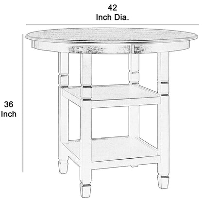 Benzara Counter Table with Two Open Shelves, Round, Wooden, Beige and Brown, BM223265 Size: 42inW x 42inD x 36inH; Weight: 70.4lb Shape: Round; Material: Solid Wood and Veneer; Chemicals: Formaldehyde Seating Capacity: Seats 2-4 people; Color: Beige and Brown