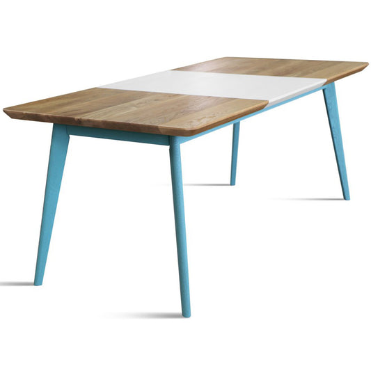 Nordik Teal & White Rectangular Oak Wood Beam Dining Table For 8, SCANDI004 Brand: Maxima House, Size:          78.5inW x  35.4inD x  29.9inH, 200cmW x 90cmD x 76cmH, Weight: 163lb, 74kg, Shape: Rectangular, Material: Oak Wood, Seating Capacity: Seats 6-8 people, Color: Natural Light Wood & White, Legs: Teal, How To Clean: 1. Wipe clean with damp cloth 2. Wipe dry with clean cloth immediately