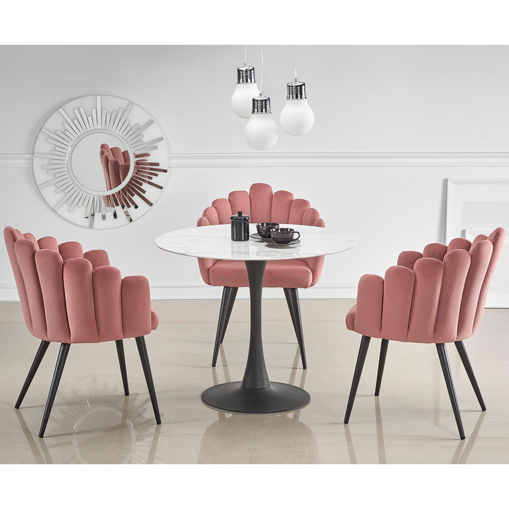 Dusty rose dining chair with fabric upholstery and sleek powder-coated steel legs