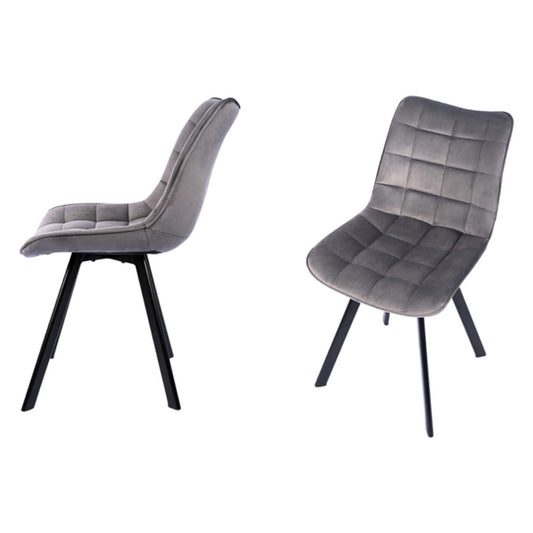 Upholstered dining chairs in gray fabric with powder-coated steel legs