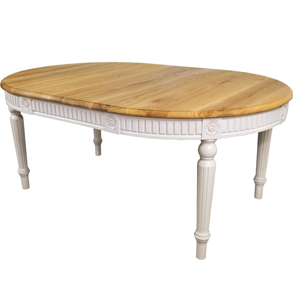 Maxima House Badi Dining Table with handcrafted wood details, warm wood stain top, and buttermilk white legs.