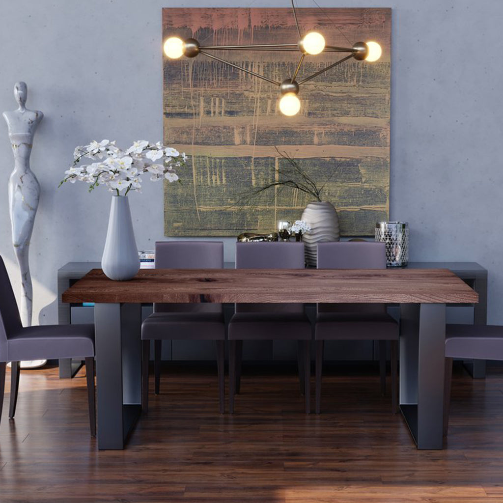 Napoli | Solid Wood Table With U Shape Metal Legs For 8, Rectangular, Solid Oak Wood, MH006 Brand: Maxima House, Size: 74.4inW x  38.9inD x  29.5inH, Weight: 145.4lb Shape: Rectangular, Material: Top: Solid Oak Wood, Legs: Metal Seating Capacity: Seats 6-8 people, Color: Top: Dark Wood Color, Base: Black 