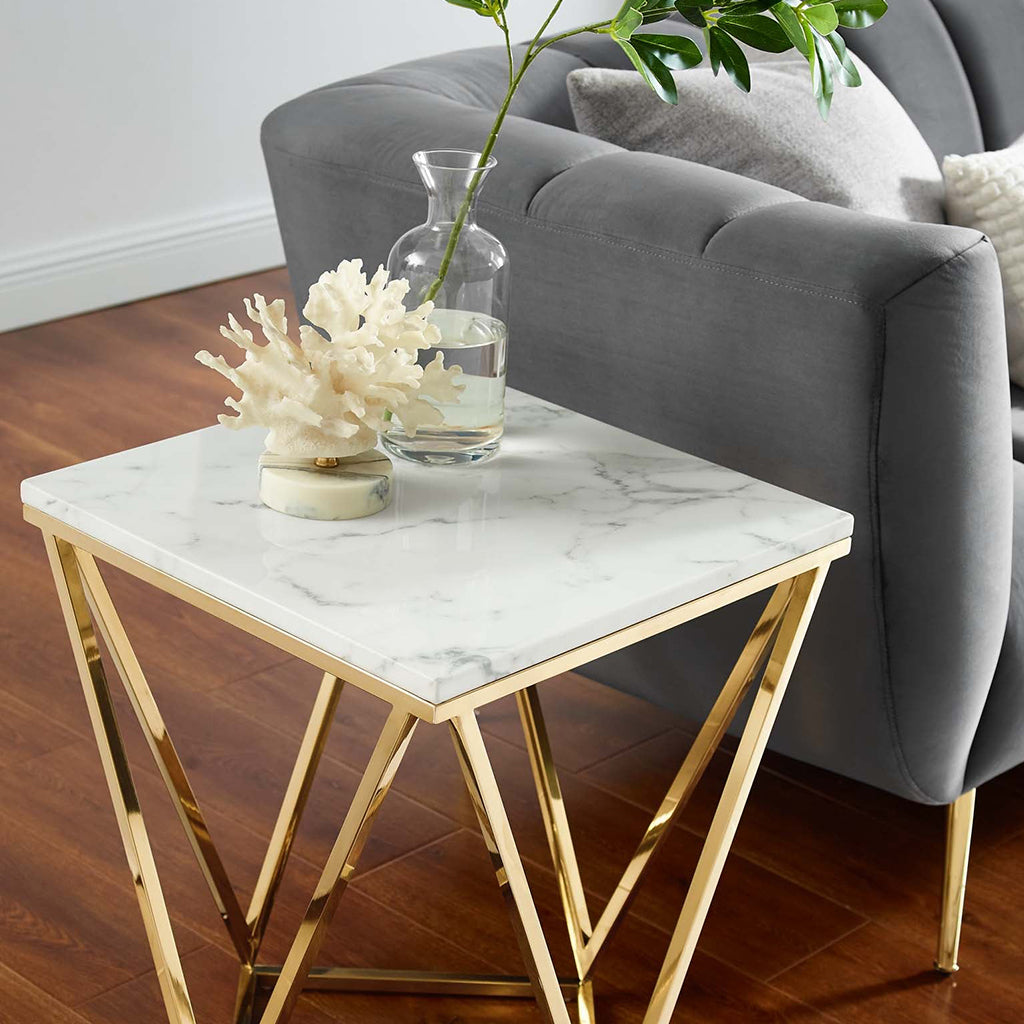 Vertex | 18" Marble Gold End Table, Stainless Steel Base, EEI-4206-GLD-WHI