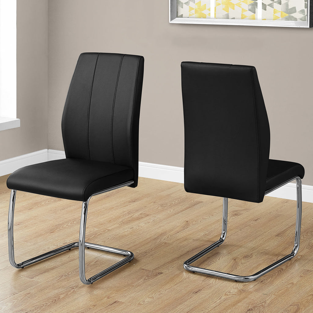 Set of 2 Dining Chairs, Black Faux Leather, Chrome Frame, 332602