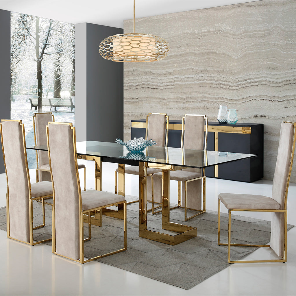 Gold Color Table, Dining, Rectangular, Glass Top, DT1658-BLK Brand: Whiteline Modern Living  Size: 87inW x 39inD x 30inH; Weight: 229lb  Shape: Rectangular; Material: Top: 1/2" Glass; Base: Gold Stainless Steel;  Seating Capacity: Seats 4-6 people; Color: Gold Color Base