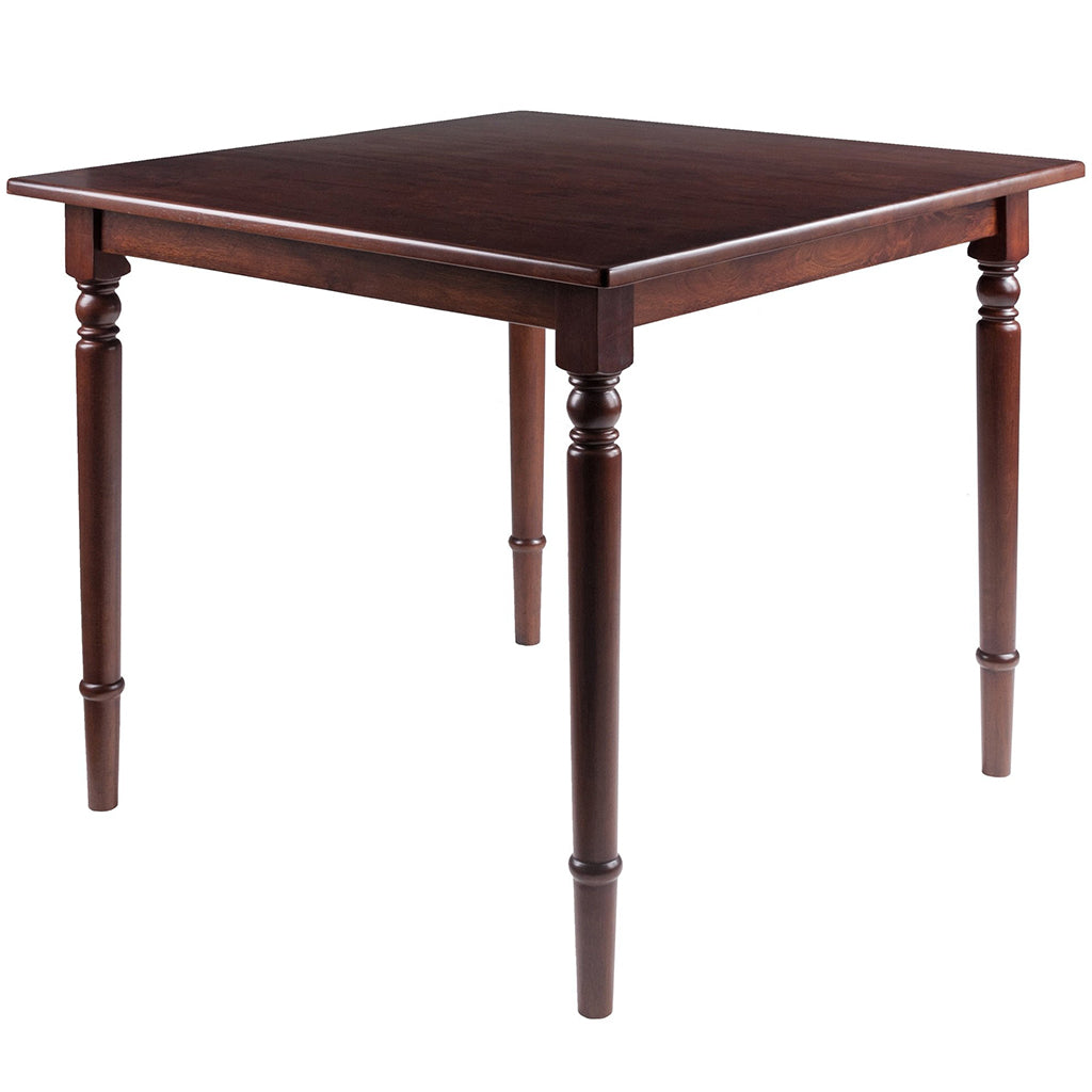 Square walnut wood dining table with turned legs and rounded corners, perfect for small dining areas.