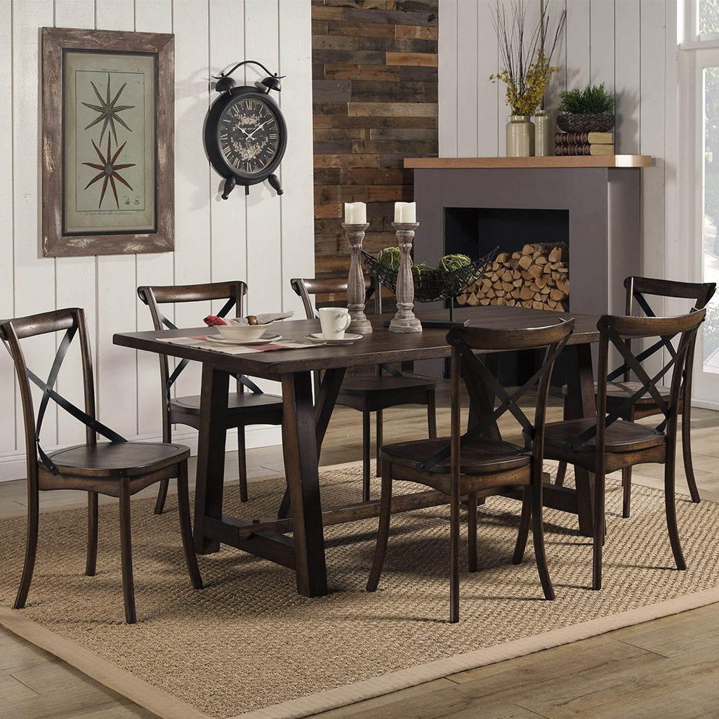 Arenda Farmhouse Dining Table, Trestle Style Table For 6, Rectangular, Rubberwood, Oak Veneer, 5672-01; Brand: Alpine Furniture; Size: 72inW x 40inD x 30inH Weight: 128lb; Shape: Rectangular; Material: Rubberwood Solids & Oak Veneer Seating Capacity: Seats 4-6 people; Color: Burnished Dark Oak