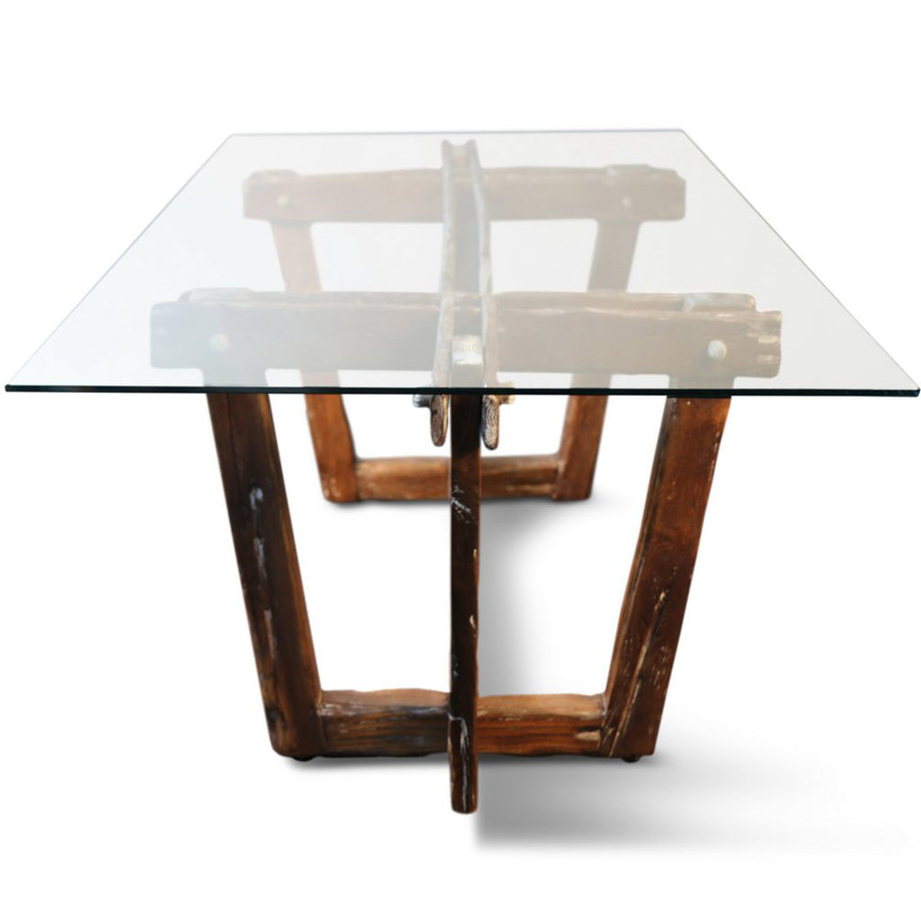 Frams | 100inch Modern Rustic Dining Table, Glass Top Oak Wood Base, SCANDI049