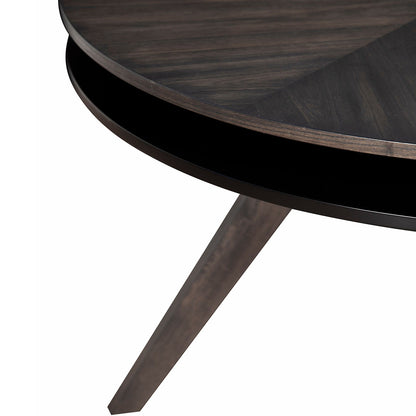 Lennox Round Table With Storage, Round Dining Table For 4, Contemporary Table, Rubberwood, Mindi Veneer, 5164-03 Brand: Alpine Furniture; Size: 47.5inW x 47.5inD x 30inH Weight: 104lb; Shape: Round; Material: Rubberwood Solids & Mindi Veneer Seating Capacity: Seats 2-4 people; Color: Dark Tobacco