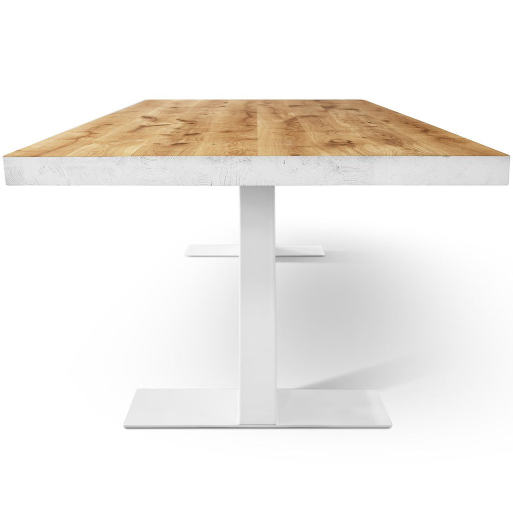 Grog Handmade White Base Farmhouse Style Dining Table For 10, Solid Oak Wood, SCANDI069, Brand: Maxima House, Size: 94.5inW x  39inD x  29.5inH, Weight: 199lb, Shape: Rectangular, Material: Solid Oak Wood, Seating Capacity: Seats 8-10 people, Color: Base: White, Top: Light Wood Color