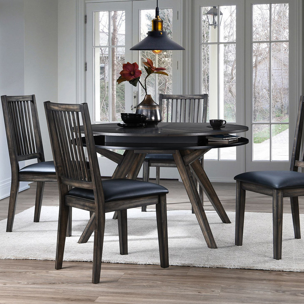 Lennox Round Table With Storage, Round Dining Table For 4, Contemporary Table, Rubberwood, Mindi Veneer, 5164-03 Brand: Alpine Furniture; Size: 47.5inW x 47.5inD x 30inH Weight: 104lb; Shape: Round; Material: Rubberwood Solids & Mindi Veneer Seating Capacity: Seats 2-4 people; Color: Dark Tobacco