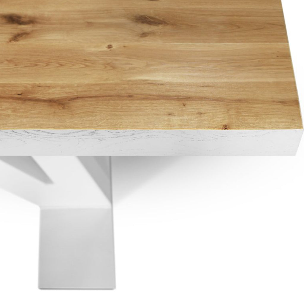 Grog Handmade White Base Farmhouse Style Dining Table For 10, Solid Oak Wood, SCANDI069, Brand: Maxima House, Size: 94.5inW x  39inD x  29.5inH, Weight: 199lb, Shape: Rectangular, Material: Solid Oak Wood, Seating Capacity: Seats 8-10 people, Color: Base: White, Top: Light Wood Color