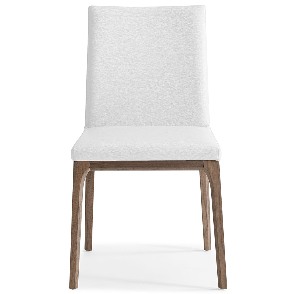 Stella Dining Chair, Set of 2, White, Faux Leather, Solid Walnut Veneer Base, DC1454-WLT/WHT, Brand: Whiteline Modern Living, Size: 20inW x 23inD x 35inH Seat Height:  19in/ 48.25cm, Weight: 17lb, Material: Faux leather & solid walnut wood Color: White, walnut veneer base, Assembly Required: No, Weather Resistant: No