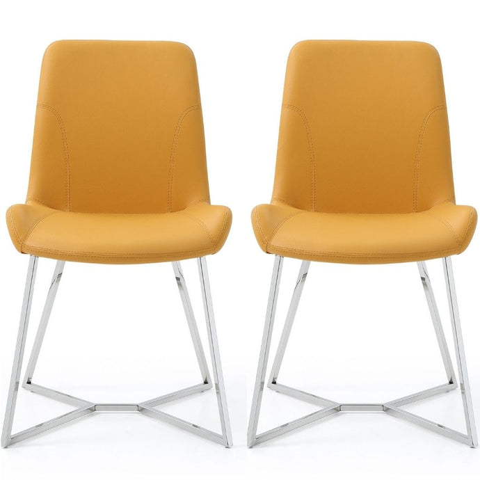 Aileen Dining Chair, Set of 2, Yellow, Faux Leather, Stainless Steel Base, DC1480-YLW Brand: Whiteline Modern Living Size: 24inW x 20inD x 34inH, Seat Height:  18in/ 46cm, Weight: 14lb, Material: Faux leather & polished stainless steel base Color: Yellow, Legs: Grey, Assembly Required: No, Weather Resistant: No