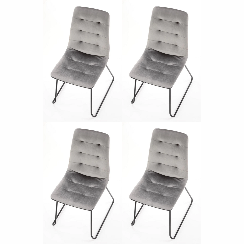 Gray dining room chairs with gray fabric upholstery and powder-coated steel legs