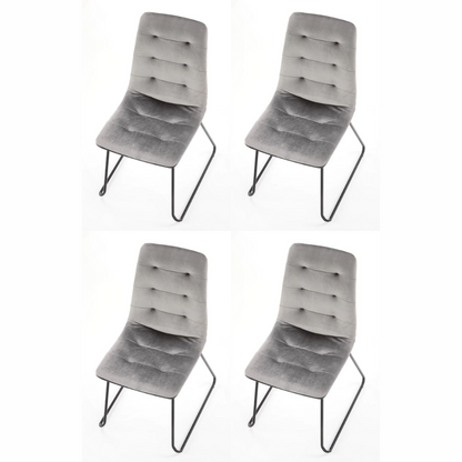 Gray dining room chairs with gray fabric upholstery and powder-coated steel legs