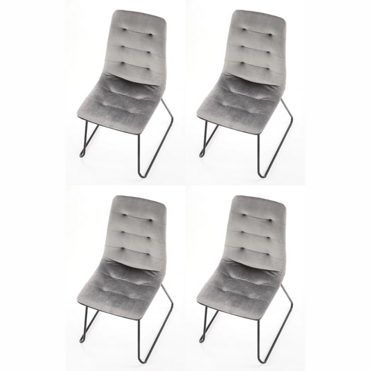 Gray dining room chairs with gray fabric upholstery and powder-coated steel legs