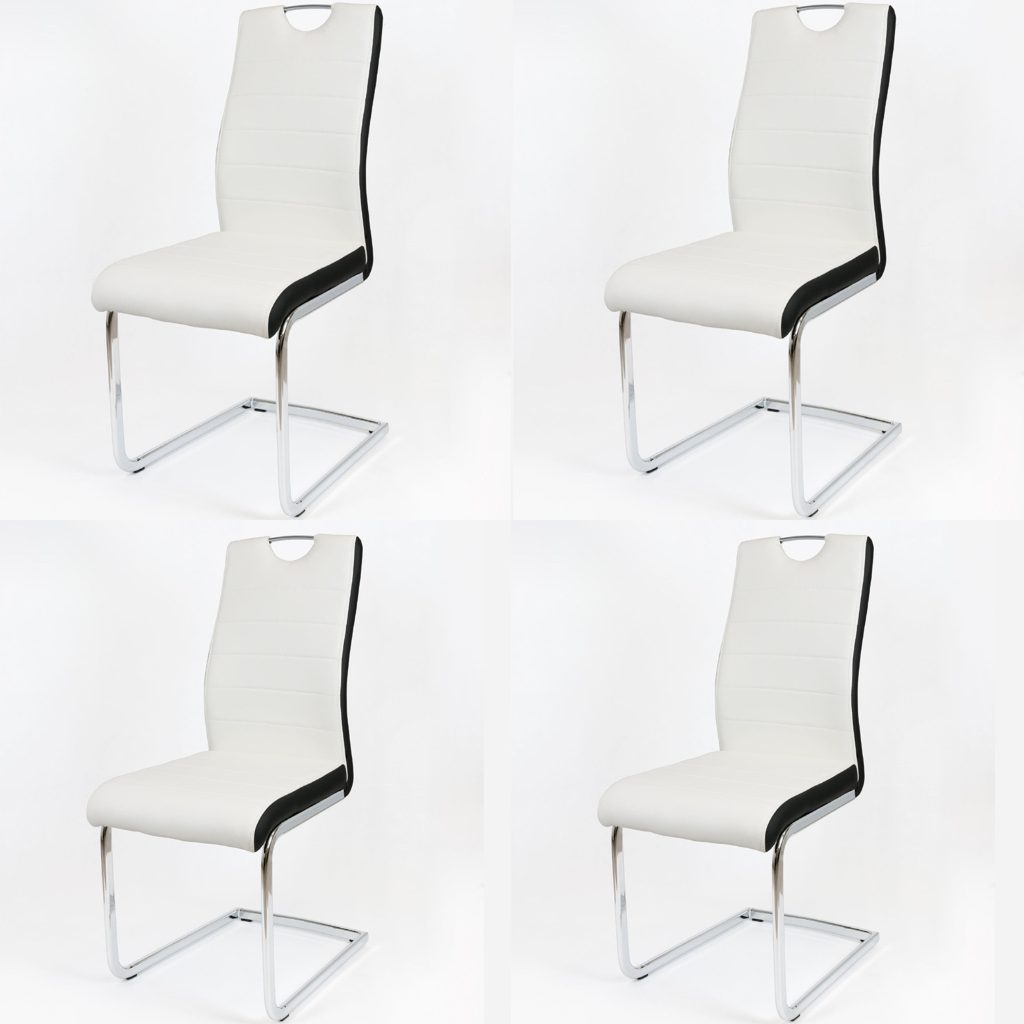 White and black dining chairs with faux leather upholstery and chrome steel legs