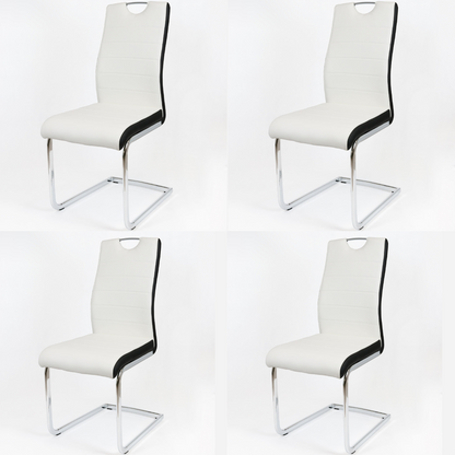 White and black dining chairs with faux leather upholstery and chrome steel legs