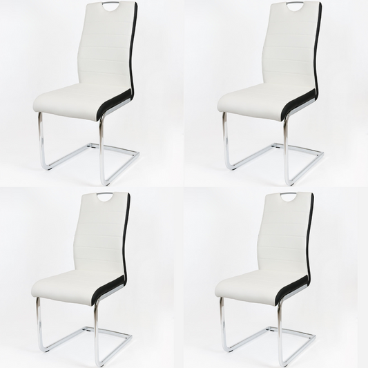 White and black dining chairs with faux leather upholstery and chrome steel legs