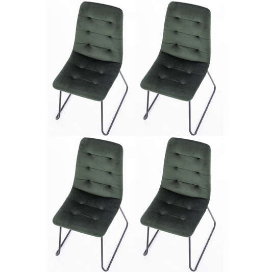 Green dining chairs with dark green fabric upholstery and powder-coated steel legs