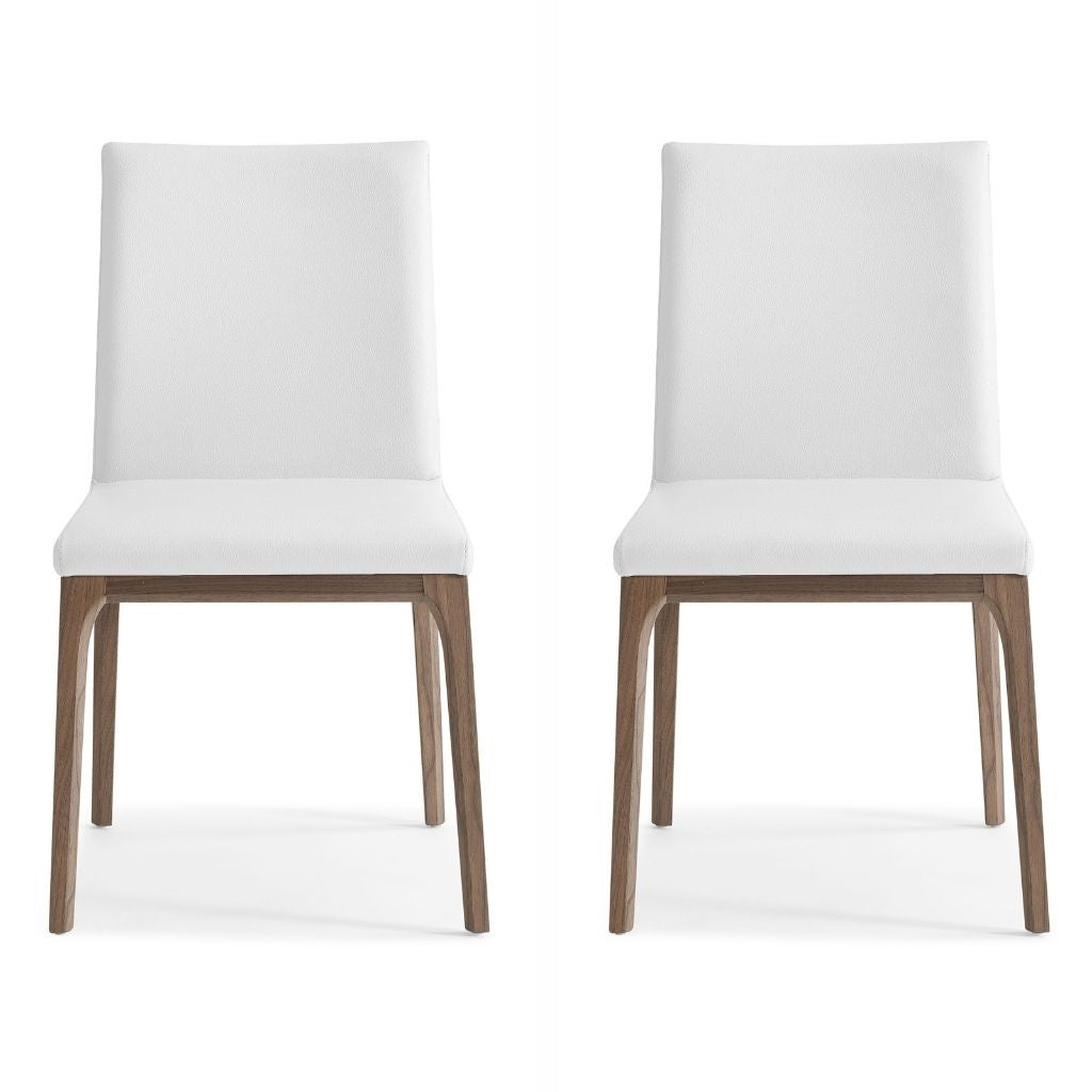 Stella Dining Chair, Set of 2, White, Faux Leather, Solid Walnut Veneer Base, DC1454-WLT/WHT, Brand: Whiteline Modern Living, Size: 20inW x 23inD x 35inH Seat Height:  19in/ 48.25cm, Weight: 17lb, Material: Faux leather & solid walnut wood Color: White, walnut veneer base, Assembly Required: No, Weather Resistant: No