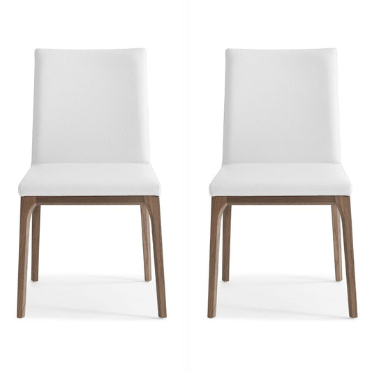 Stella Dining Chair, Set of 2, White, Faux Leather, Solid Walnut Veneer Base, DC1454-WLT/WHT, Brand: Whiteline Modern Living, Size: 20inW x 23inD x 35inH Seat Height:  19in/ 48.25cm, Weight: 17lb, Material: Faux leather & solid walnut wood Color: White, walnut veneer base, Assembly Required: No, Weather Resistant: No